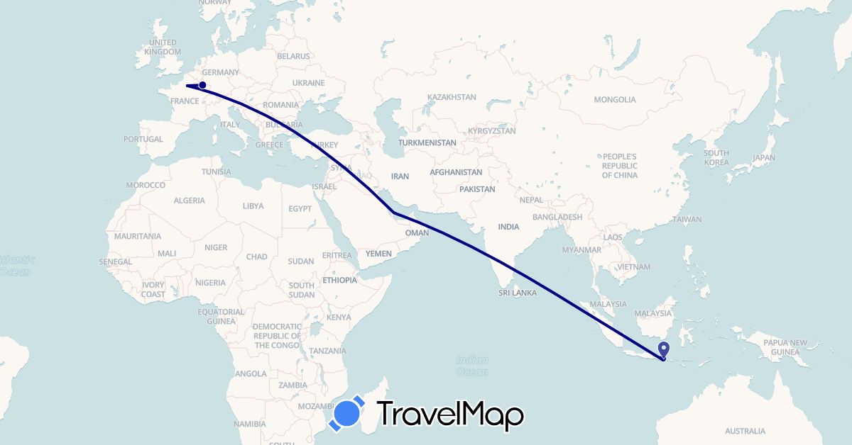TravelMap itinerary: driving in France, Indonesia, Qatar (Asia, Europe)